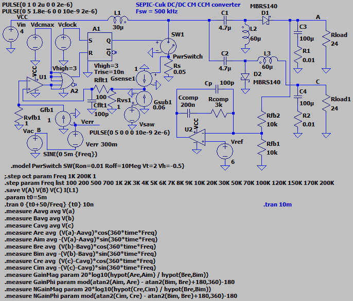 Схема с временной моделью SEPIC-Cuk конвертера с несвязанными индуктивностями, LTspice